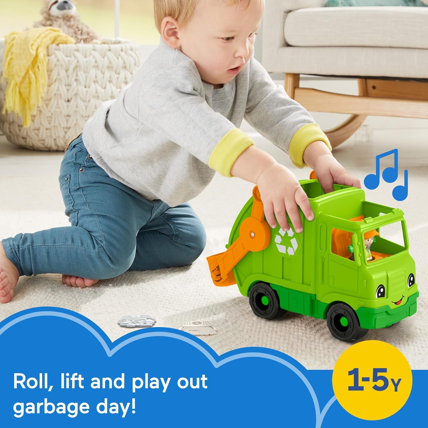 Fisher-Price Little People Musical Toddler Toy Recycling Truck Garbage Vehicle with Figure for Pretend Play