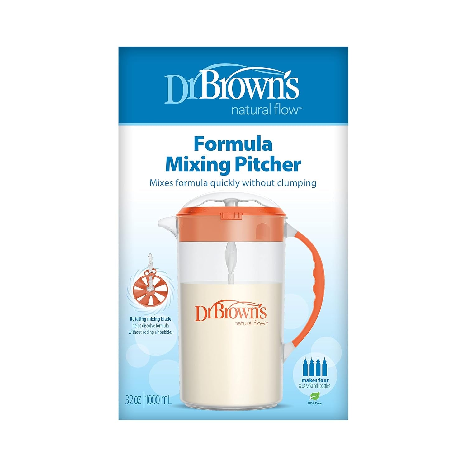 Dr. Browns Baby Formula Mixing Pitcher with Adjustable Stopper, Locking Lid & No Drip Spout, Orange, BPA Free, 36oz