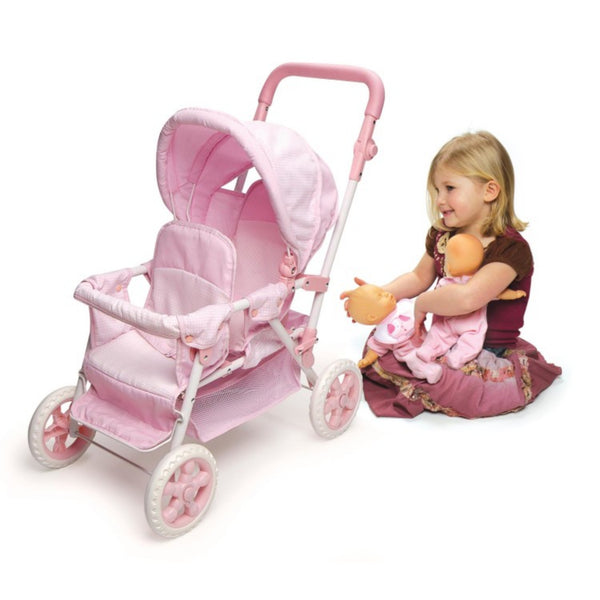 Badger Basket Folding Double Front-to-Back Doll Stroller – Pink/Gingha – S&D Kids