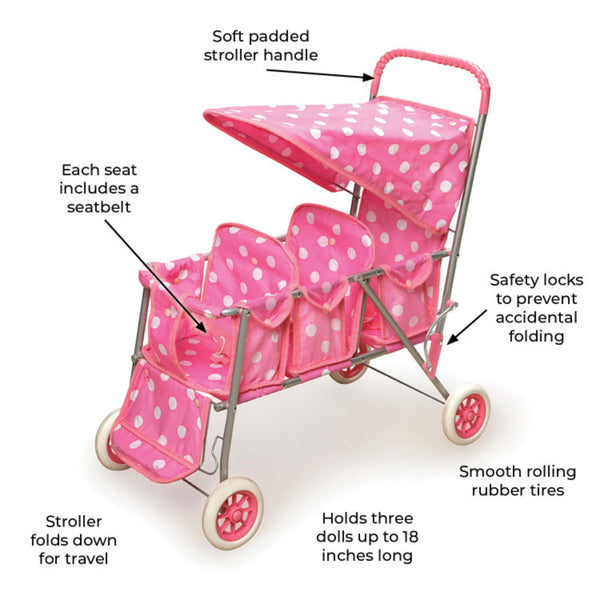 triple car seat stroller Badger Basket Folding Triple Doll Stroller – Pink/Polka Dots – S&D Kids