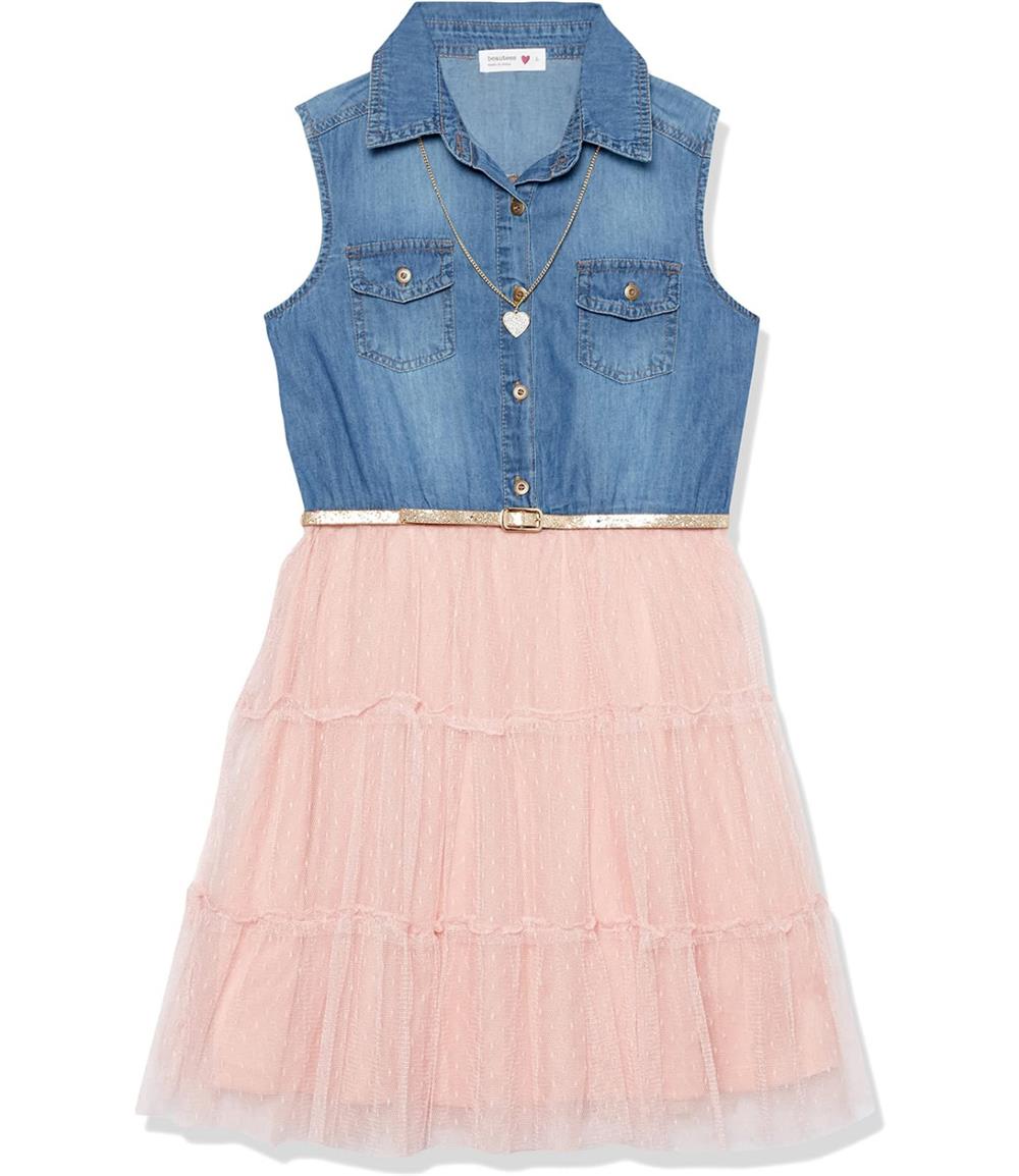 Beautees Girls 7-16 Sleeveless Denim Tulle Dress Large / Burgundy