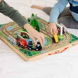 Melissa & Doug Take-Along Wooden Tabletop Railroad With 3 Trains, Truck, Play Pieces, Bridge (17 Pcs)
