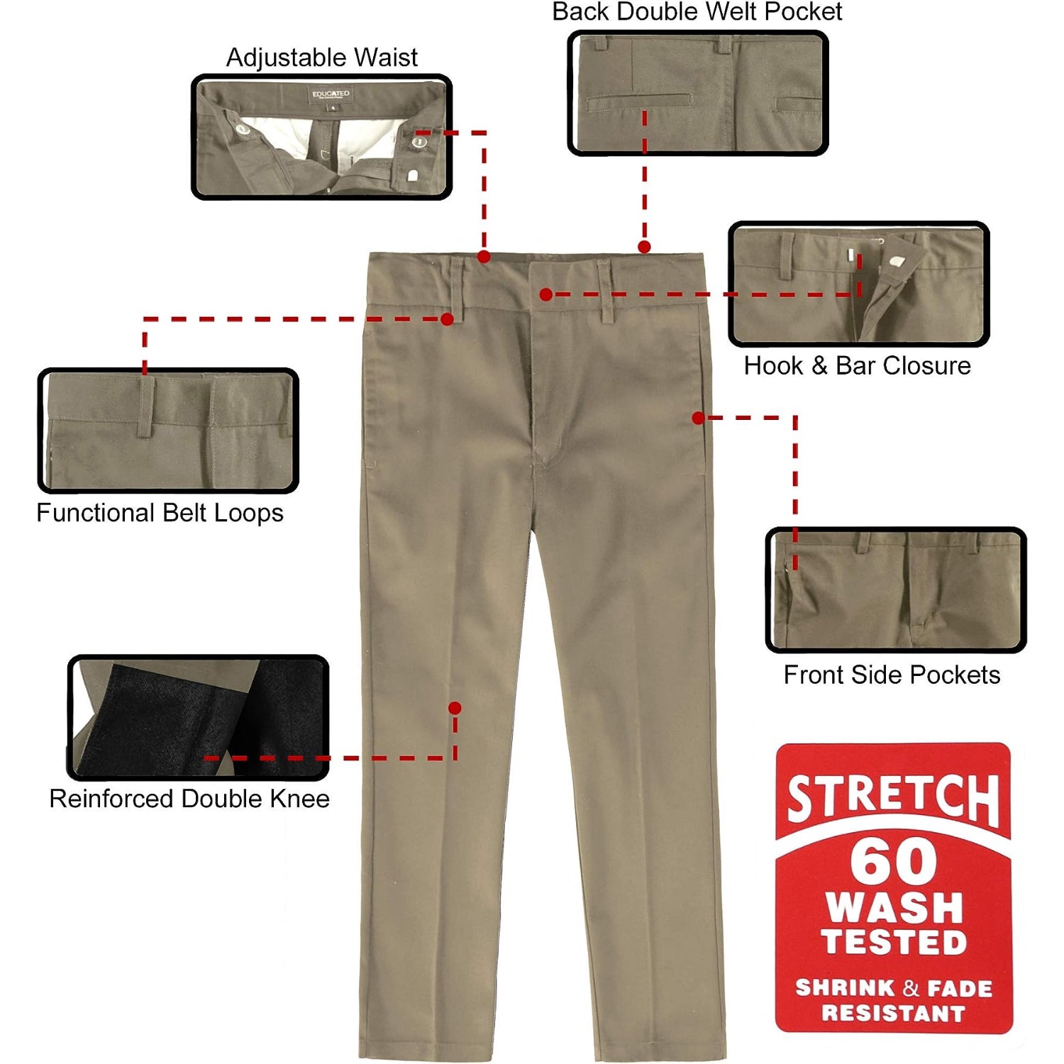 Educated Uniforms Boys Sizes 4-20 Flat Front Double Knee Adjustable Waist School Pant
