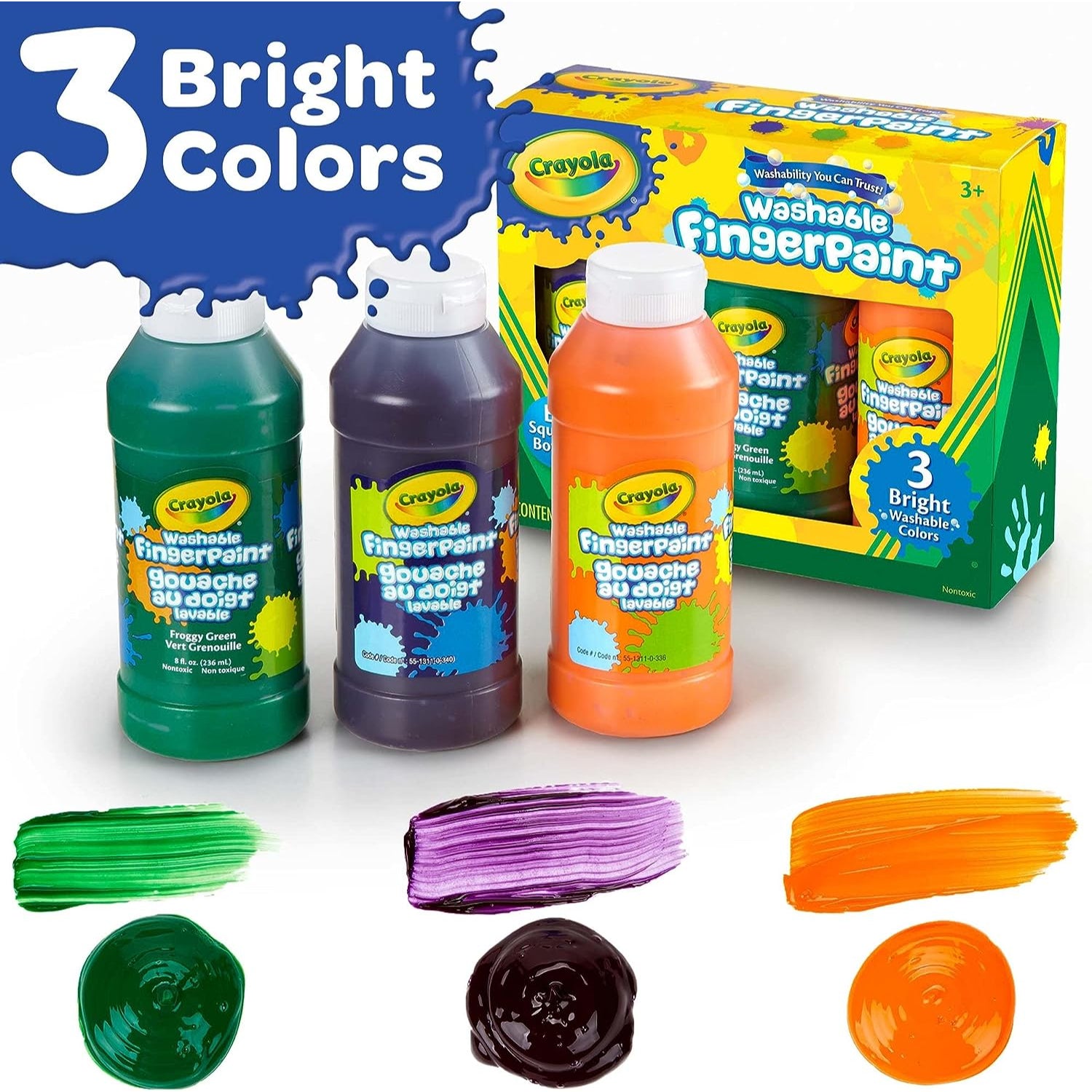 Crayola Washable Fingerpaint Pack, 3 Assorted Bright Colors, 8 oz