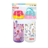 Nuby 2-Pack Kid’s Printed Flip-it Active Water Bottle with Push Button Cap and Soft Straw - 18oz