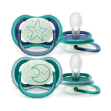 Philips Avent Ultra Air Pacifier - 2 Pack - Light, Breathable Glow-in-The-Dark Baby Pacifiers for Babies Aged 6-18 Months, BPA Free with Sterilizer Carry Case