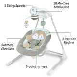 Ingenuity InLighten 5-Speed Baby Swing - Swivel Infant Seat, 5 Point Safety Harness, Nature Sounds, Lights - Kitt Fox
