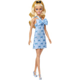 Barbie Fashionistas Doll #237 with Wavy Blonde Ponytail Wearing Blue Bow Halter Dress, Black Hair Bow Accessory and Matching Blue Heels