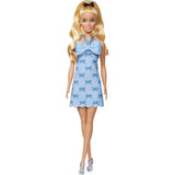 Barbie Fashionistas Doll #237 with Wavy Blonde Ponytail Wearing Blue Bow Halter Dress, Black Hair Bow Accessory and Matching Blue Heels