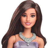 Barbie Fashionistas Doll #234 with Brown Hair, Wearing Sequined Purple Bubble Dress with Satiny Skirt, Silvery Necklace and Heels