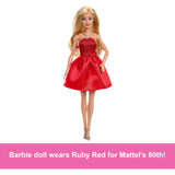 Barbie 80th Anniversary Ruby-Red Celebration Blonde Fashion Doll Wearing Red Dress with Silvery Shoes & Necklace, Collectible Toy