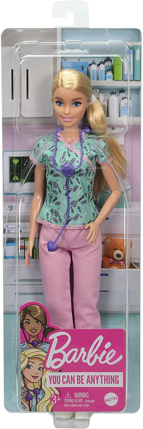 Barbie Nurse Doll with Scrubs Featuring A Medical Tool Print Top & Pink Pants