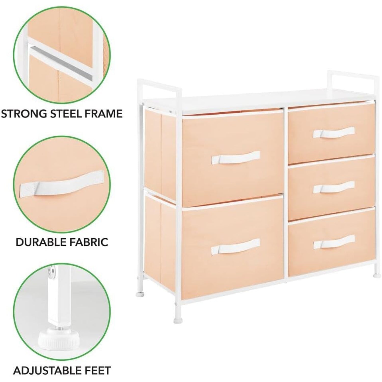 mDesign 30.03' High Steel Frame/Wood Top Storage Dresser with 5 Draws, Cantaloupe Peach/White