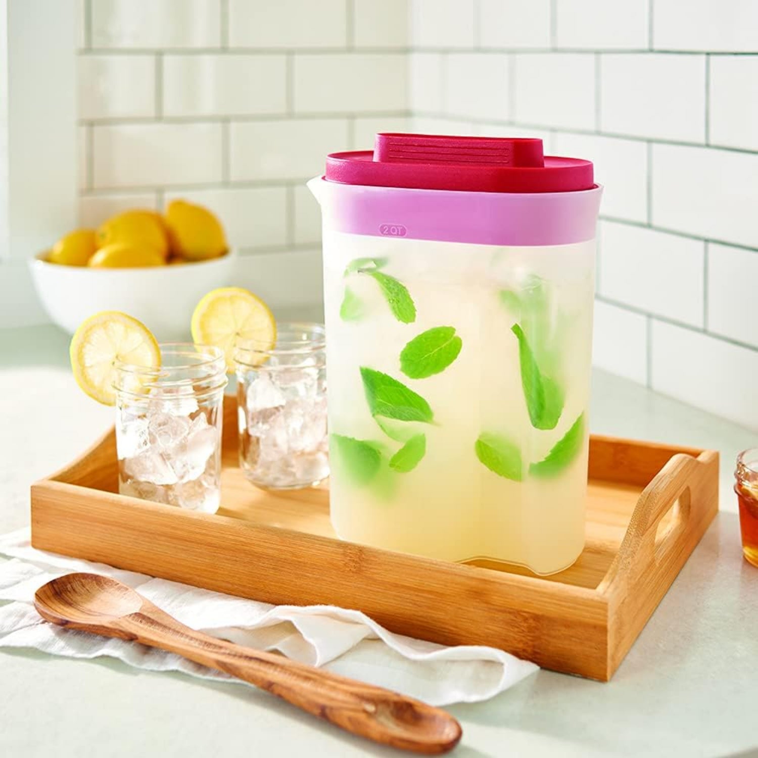 Rubbermaid Raspberry Color Pitcher Rubbermaid Compact Pitcher, Plastic Pitcher with Lid, 2 Quartzel Compa ...