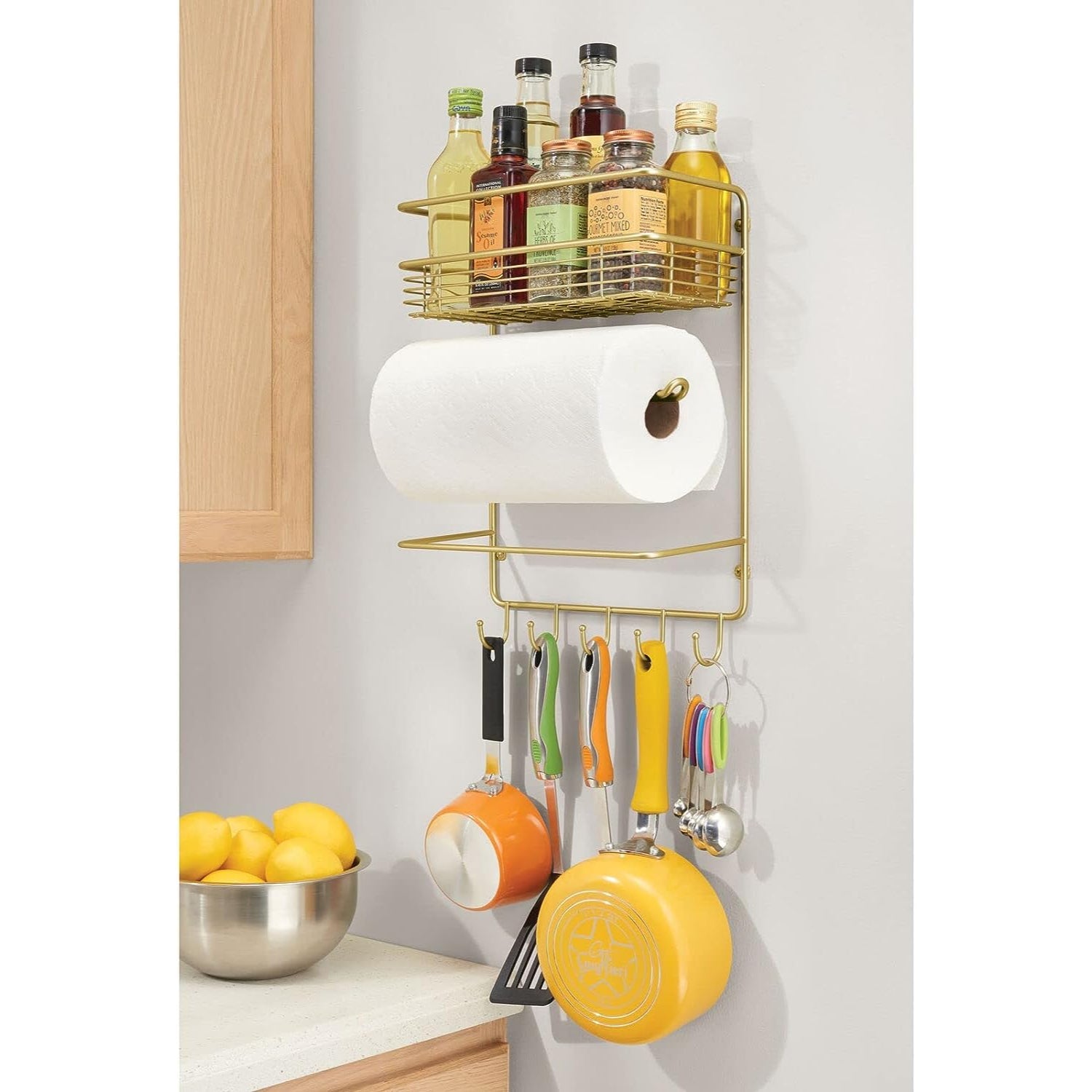mDesign Metal Wall Mount Paper Towel Holder with Storage Shelf and Hooks - Soft Brass