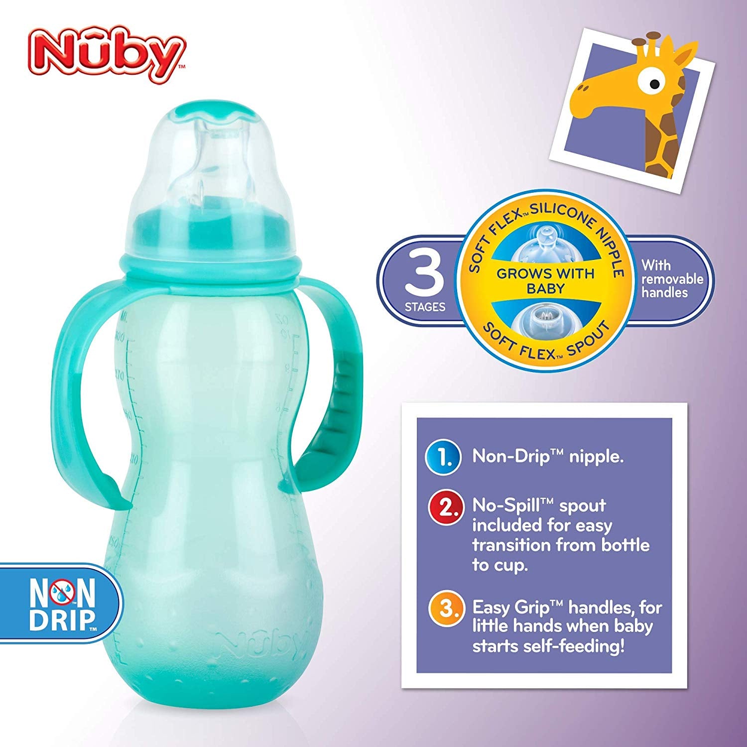 Nuby Non-Drip 3-Stage Grow Nurser, 11 oz