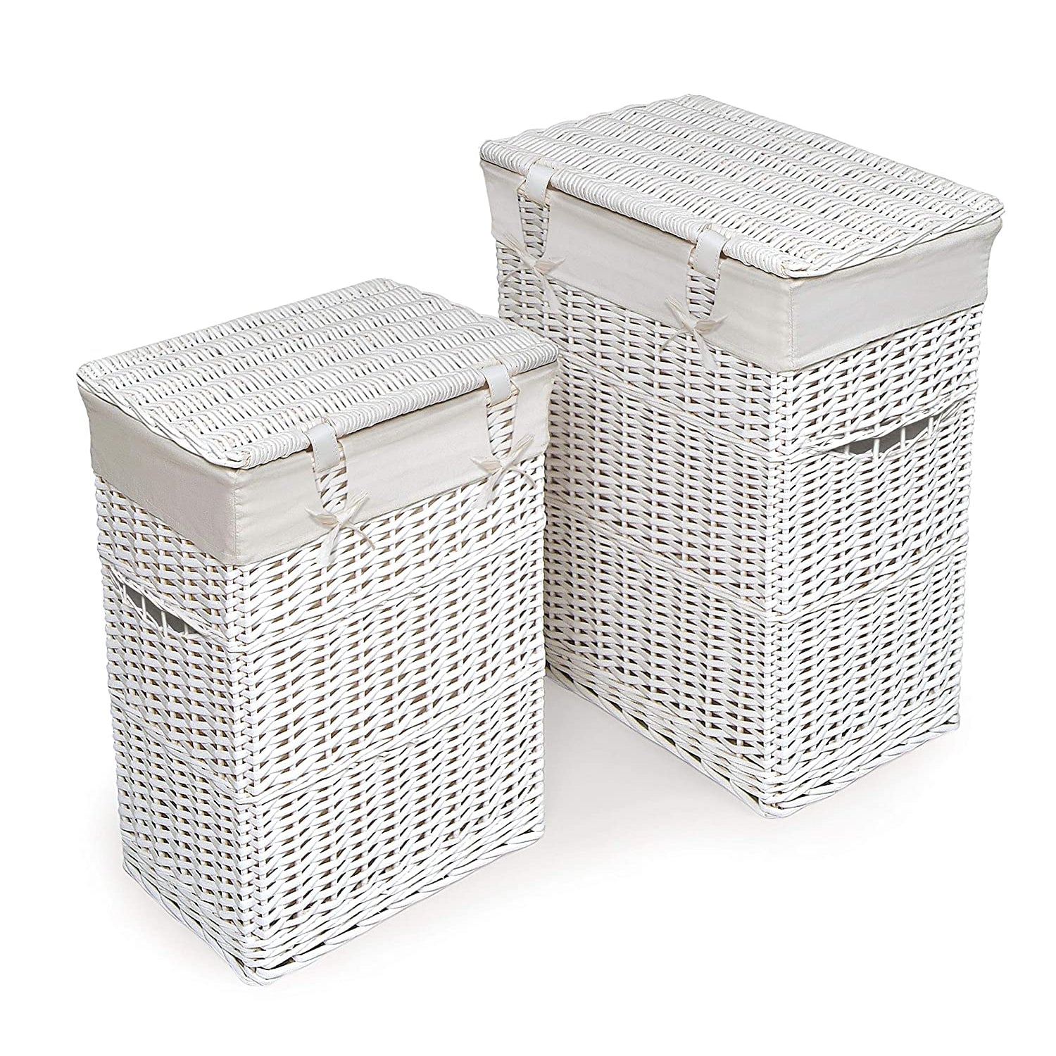 Badger Basket Wicker Two Hamper Set with Liners – White