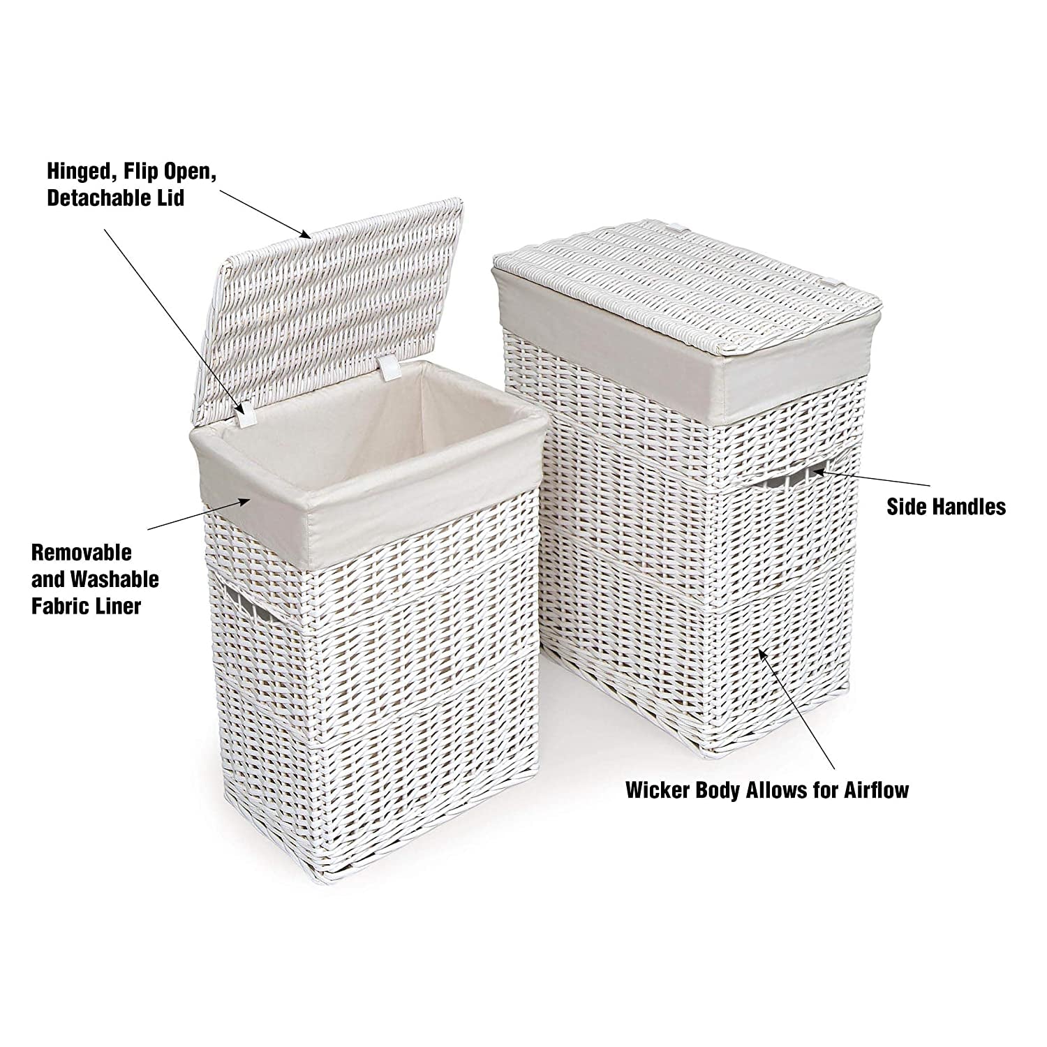 Badger Basket Wicker Two Hamper Set with Liners – White