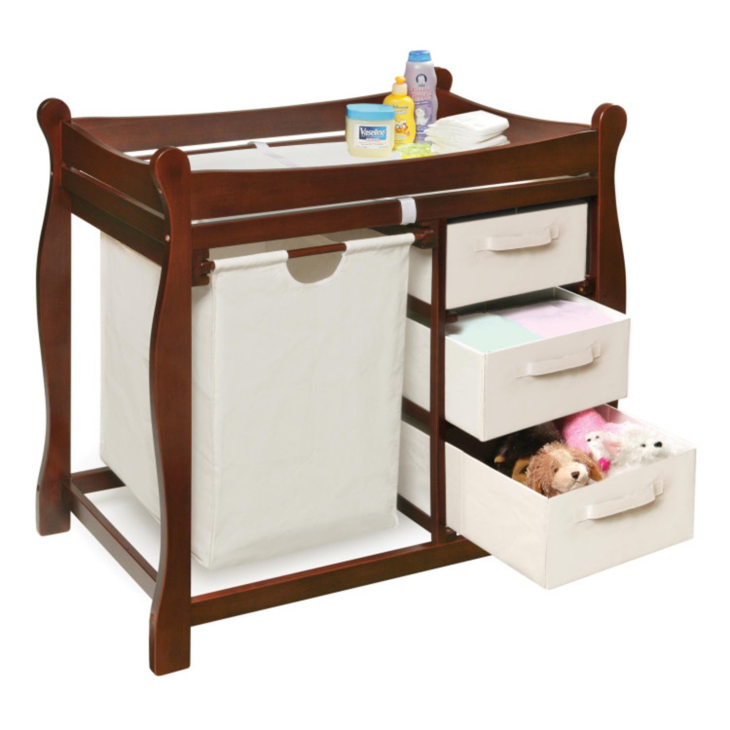 Badger Basket Sleigh Style Baby Changing Table with Hamper and 3 Baskets – Cherry