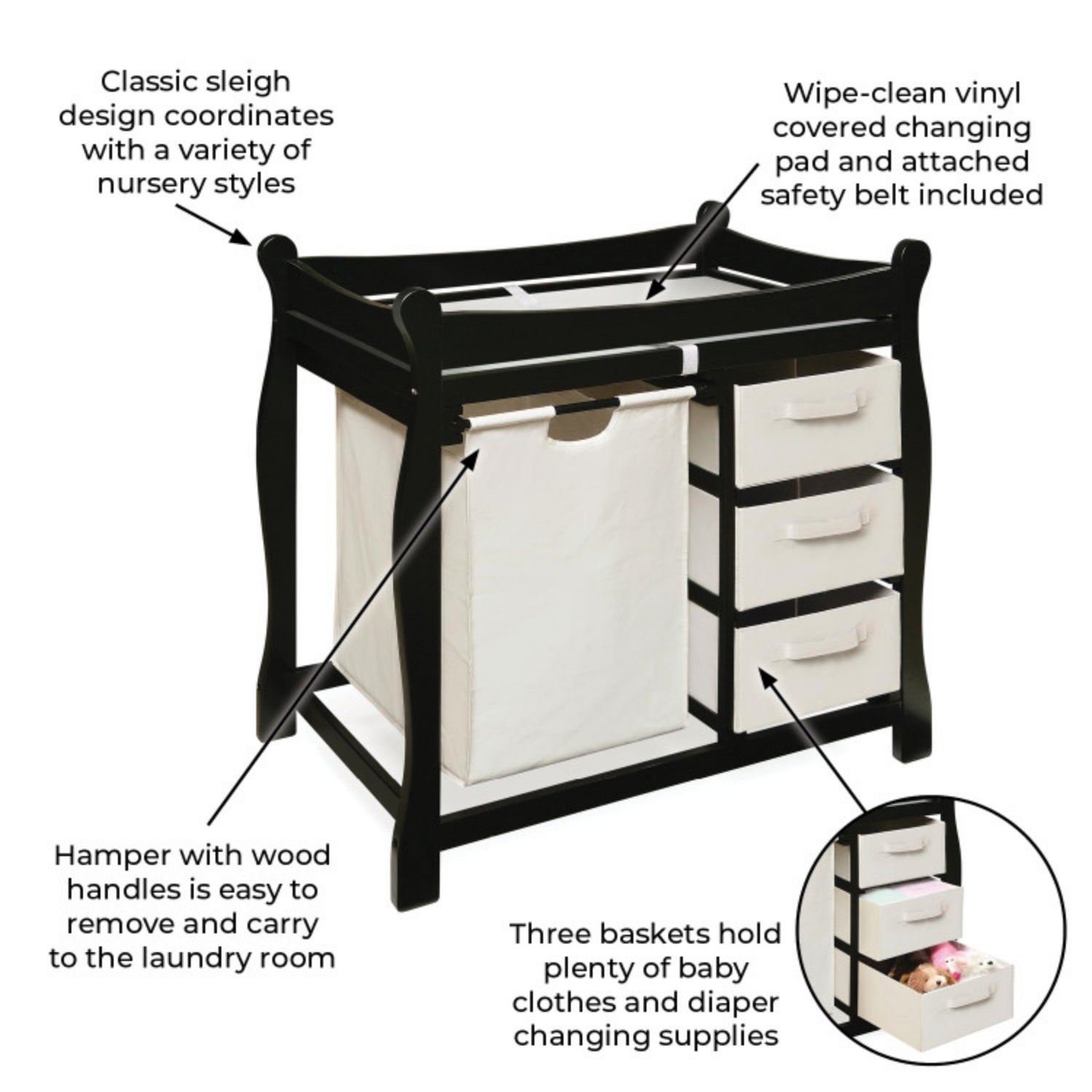 Badger Basket Sleigh Style Baby Changing Table with Hamper and 3 Baskets – Black