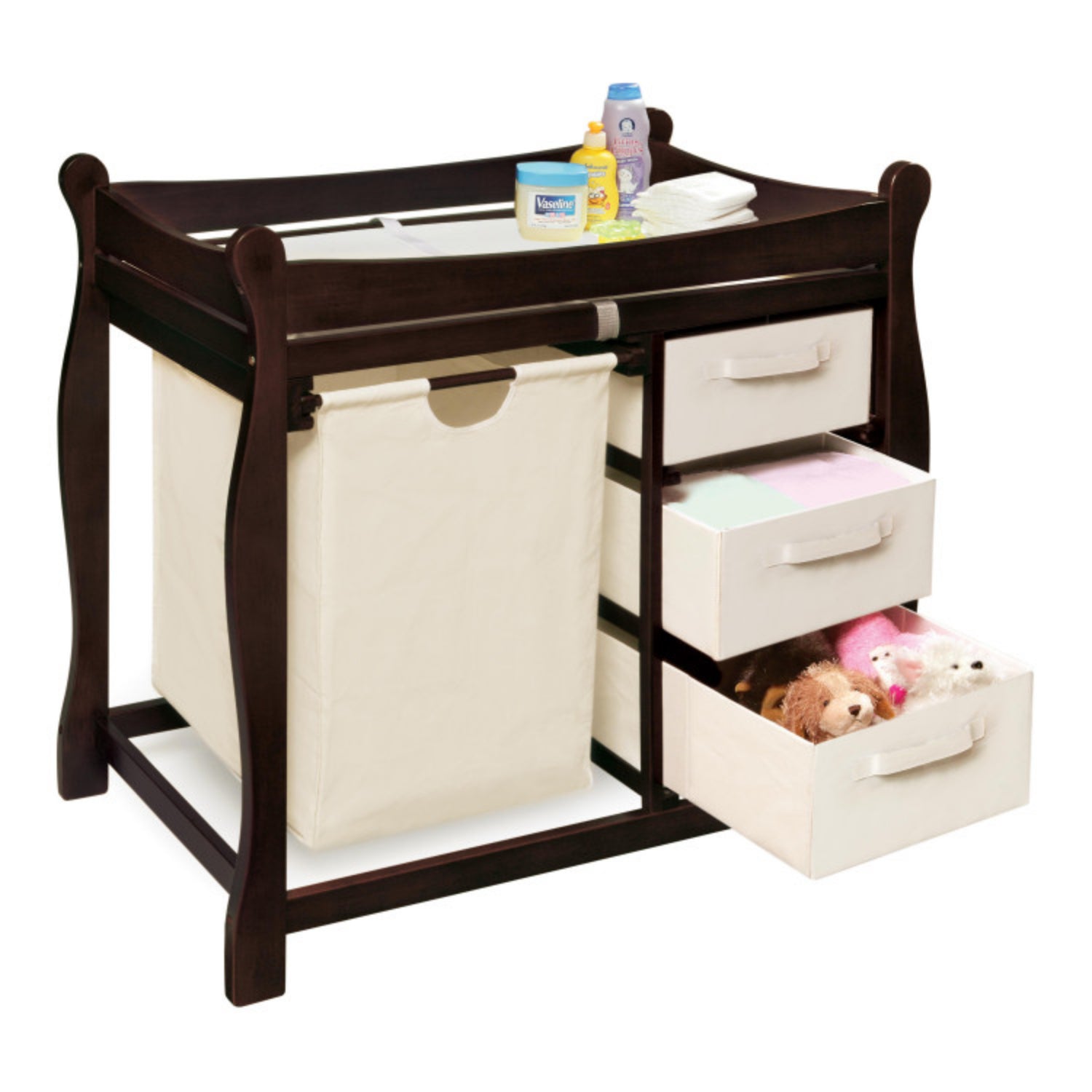 Badger Basket Sleigh Style Baby Changing Table with Hamper and 3 Baskets – Espresso
