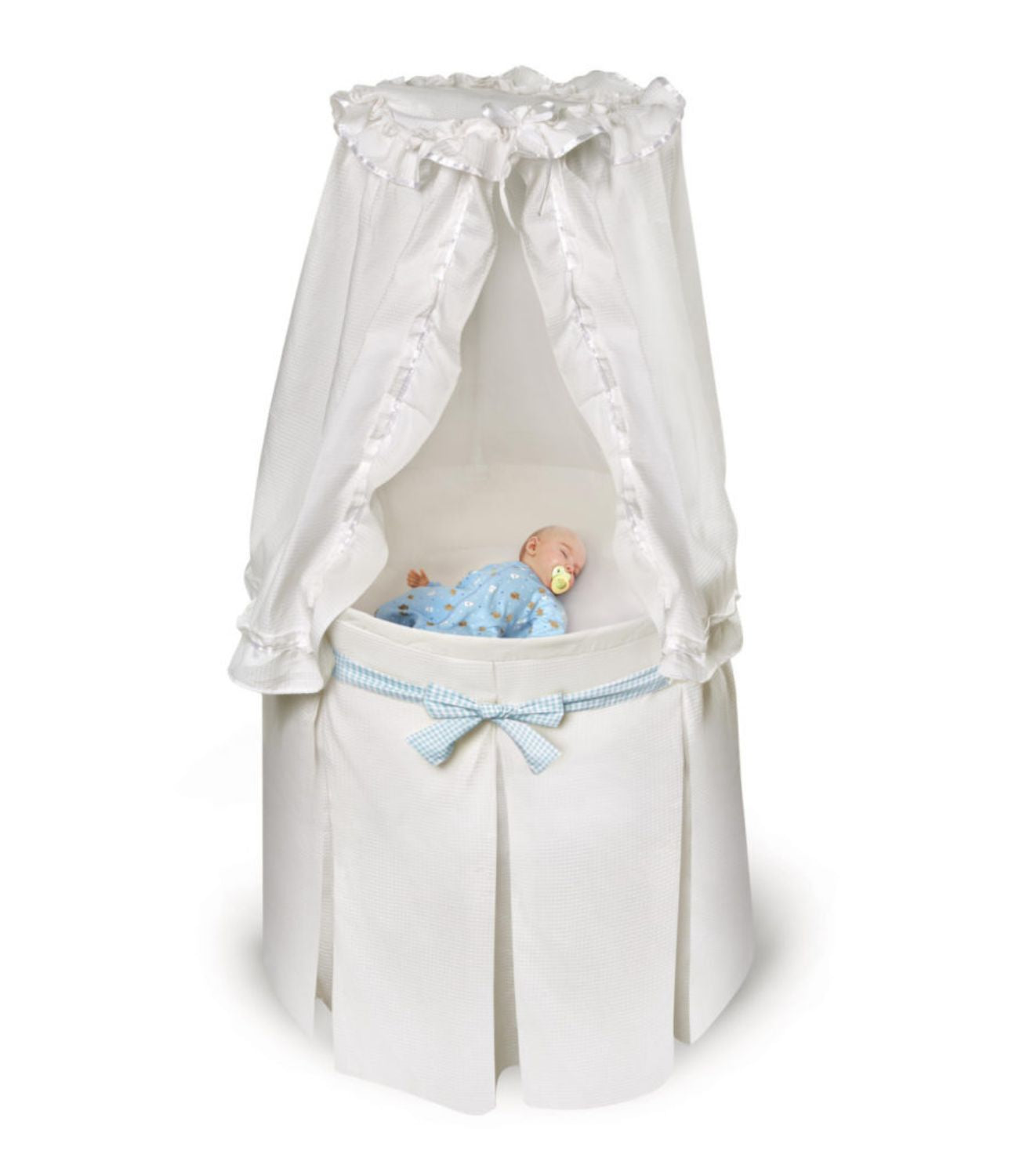 Badger Basket Empress Round Baby Bassinet with Canopy – White Bedding with Gingham Belts