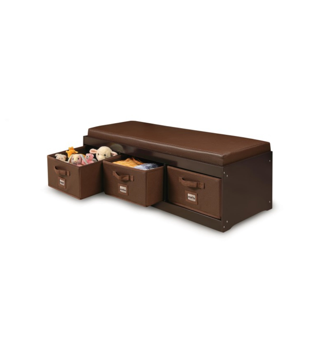 Badger Basket Kid’s Storage Bench with Cushion and Three Bins – Espresso
