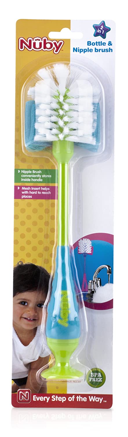 Nuby 2-in-1 Bottle and Nipple Cleaning Brush with Suction Base - Colors May Vary