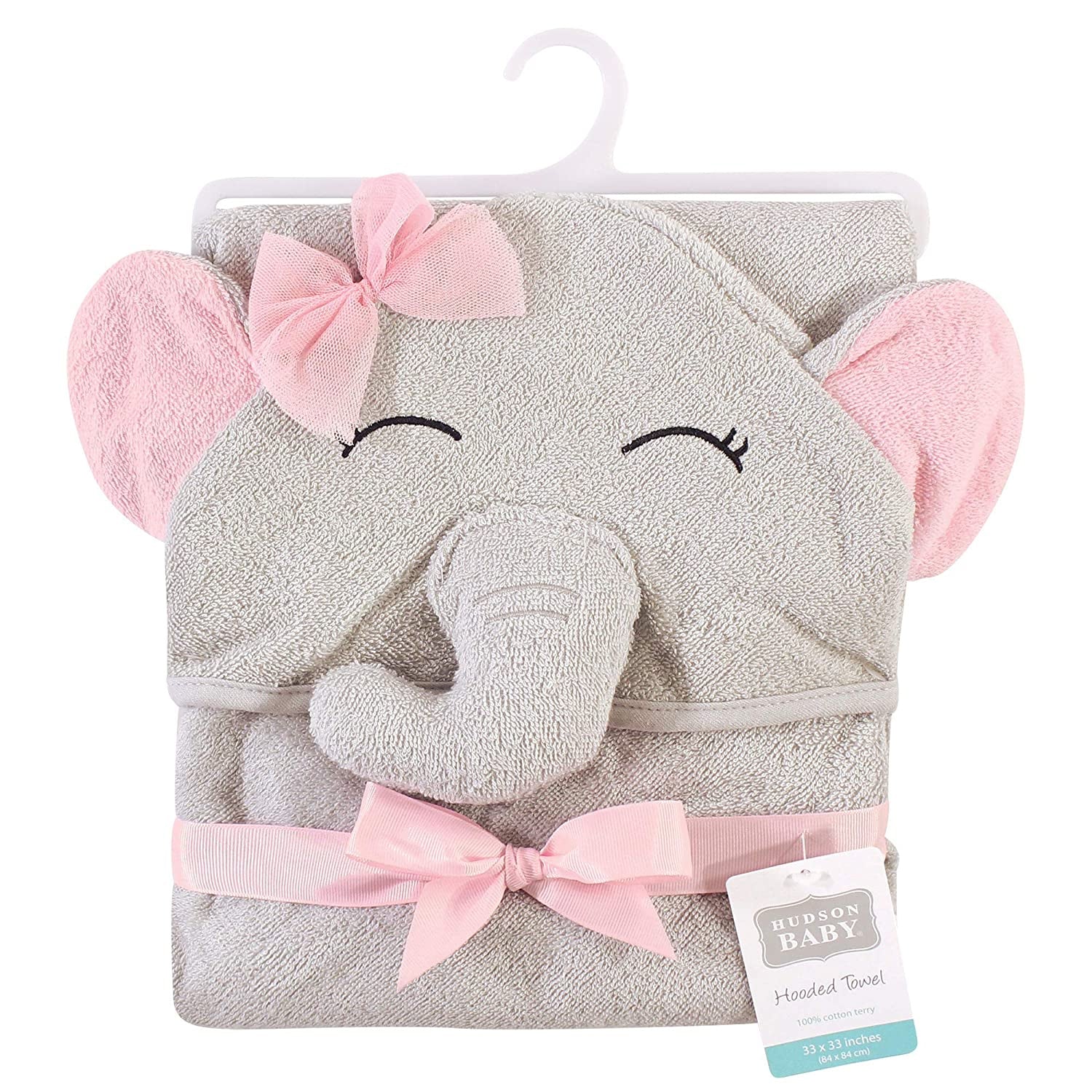 Hudson Baby Animal Face Hooded Towel, Pretty Elephant