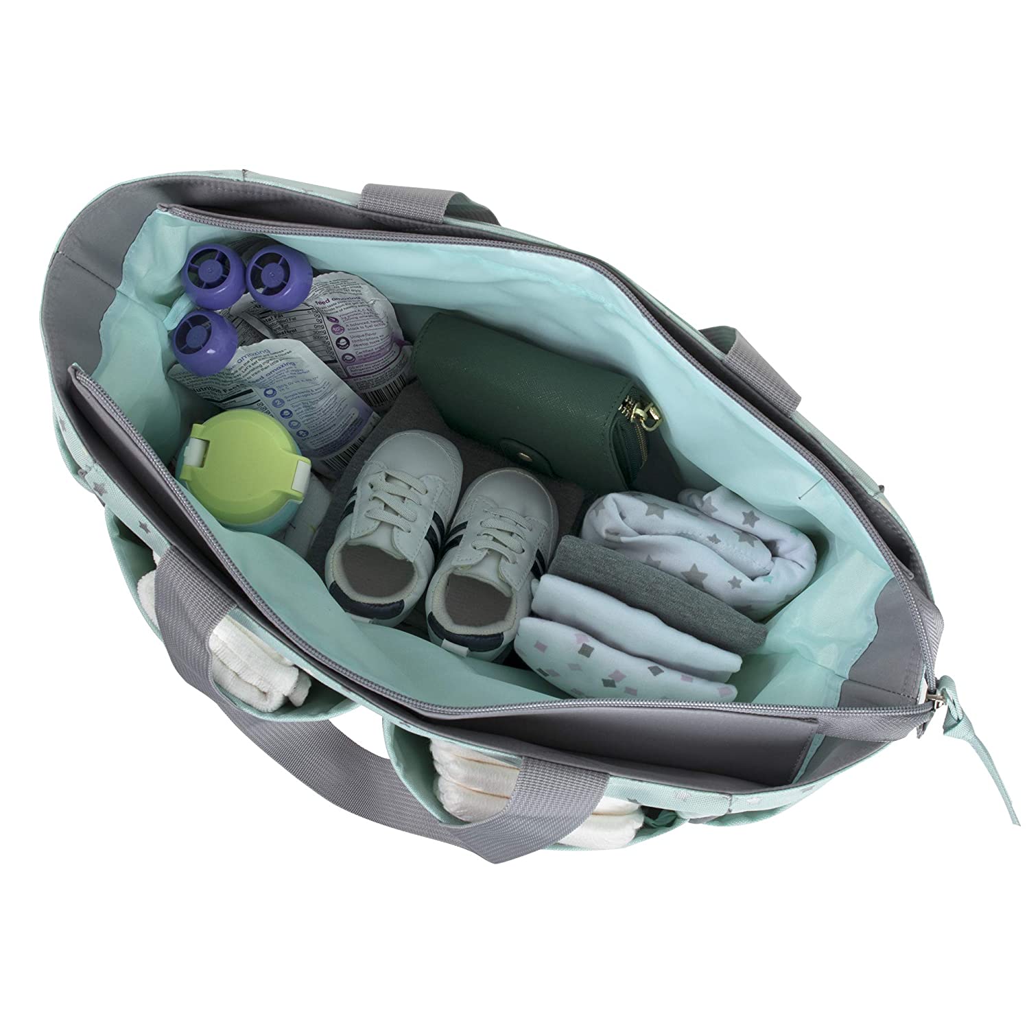 Baby Essentials 5 Piece Diaper Bag Tote Set, Stars, Grey / Aqua