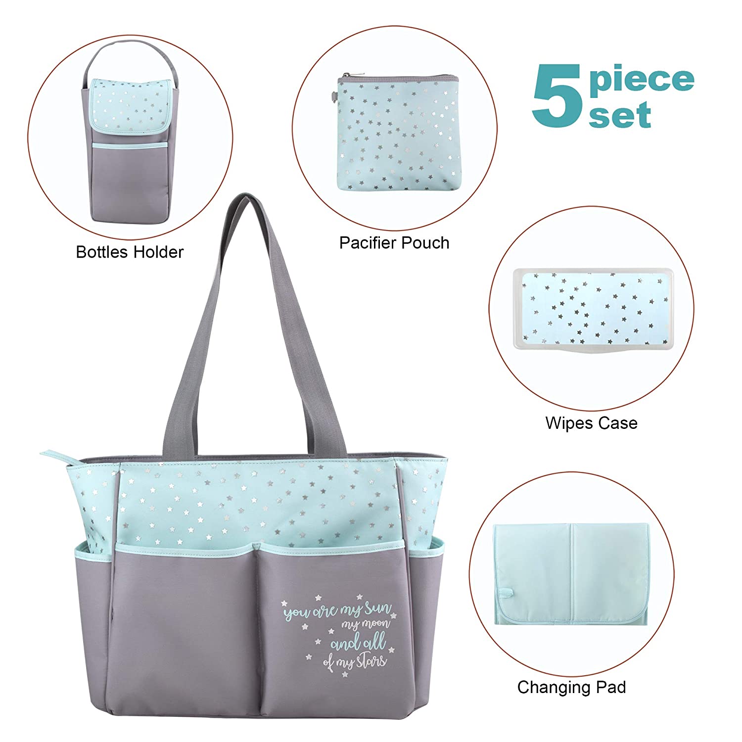 Baby Essentials 5 Piece Diaper Bag Tote Set, Stars, Grey / Aqua