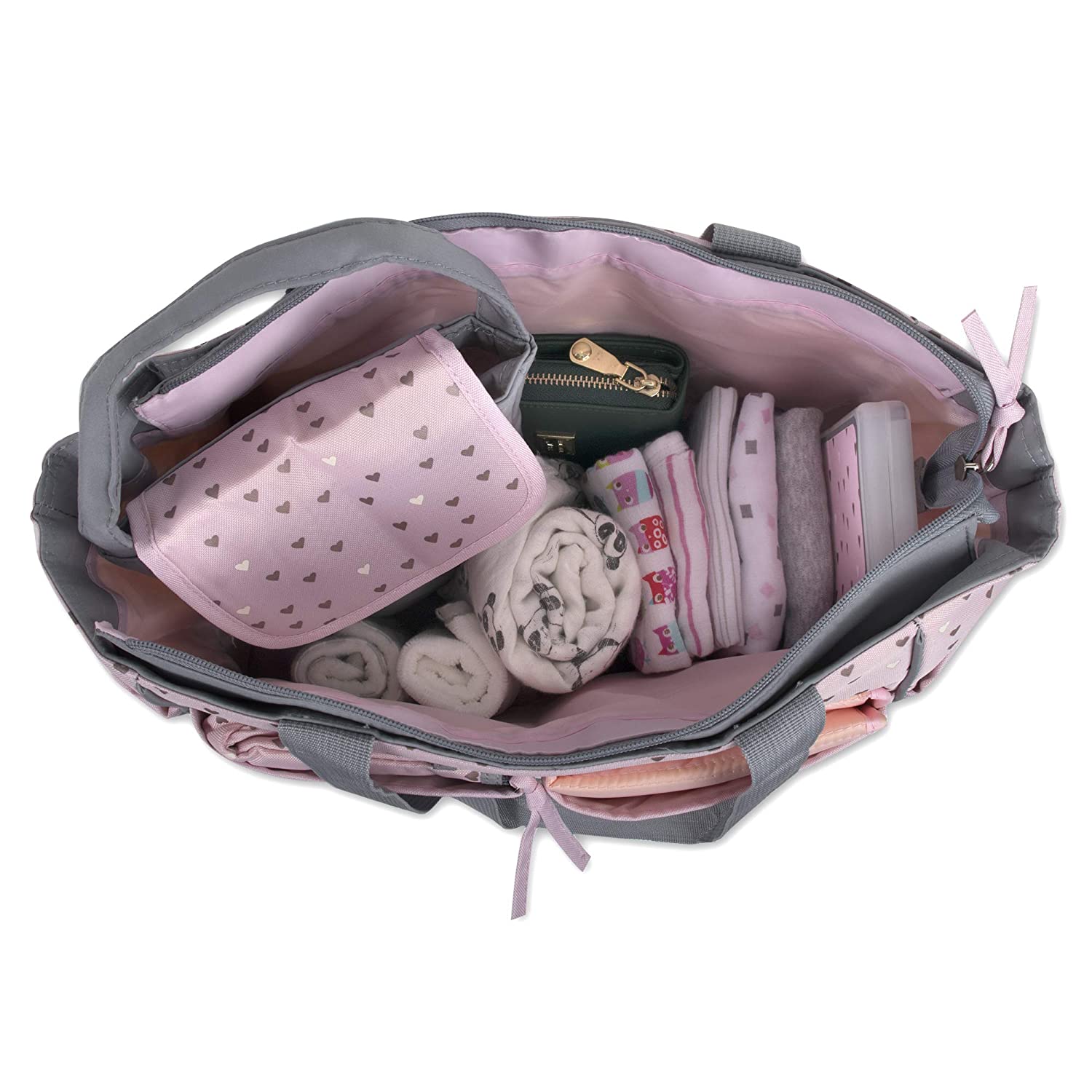 Baby Essentials 5 Piece Diaper Bag Tote Set, Pink Hearts