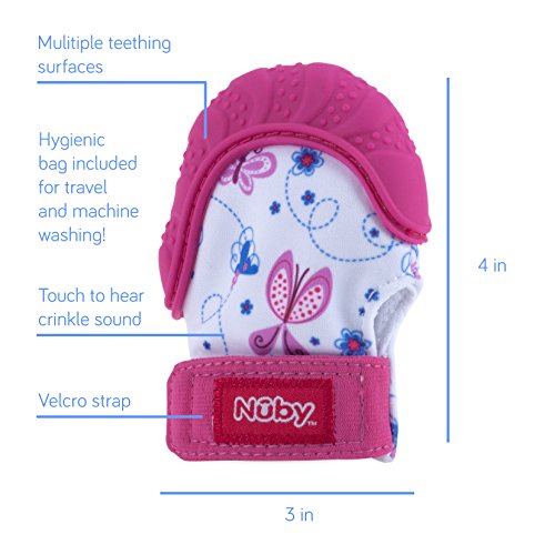 Nuby Soothing Teething Mitten with Hygienic Travel Bag, Pink Butterfly