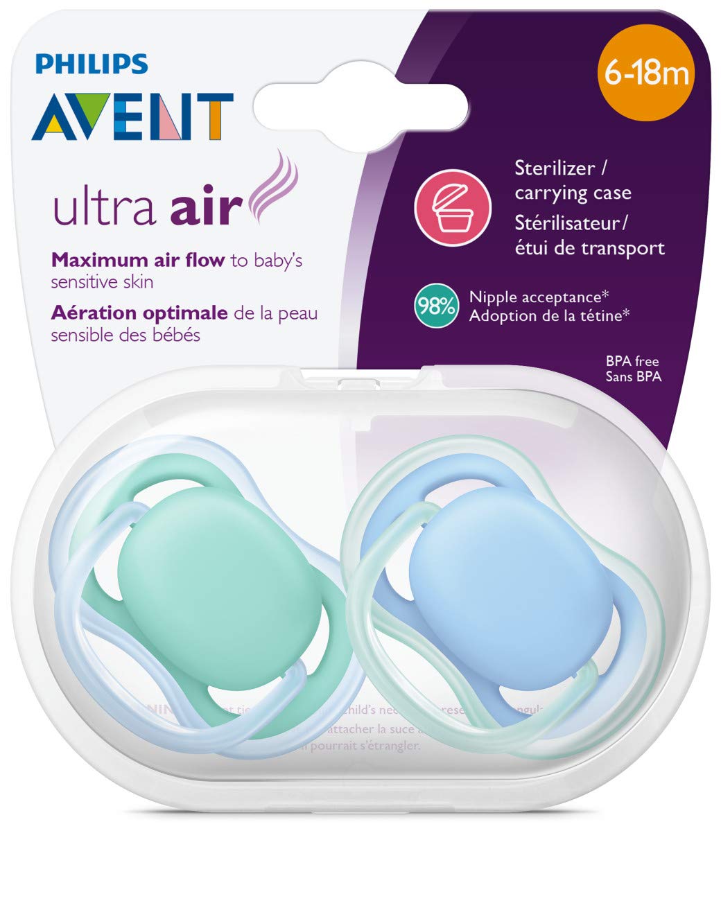 Philips Avent Ultra Air Pacifier, 6-18M, Blue/Green - 2 Pack