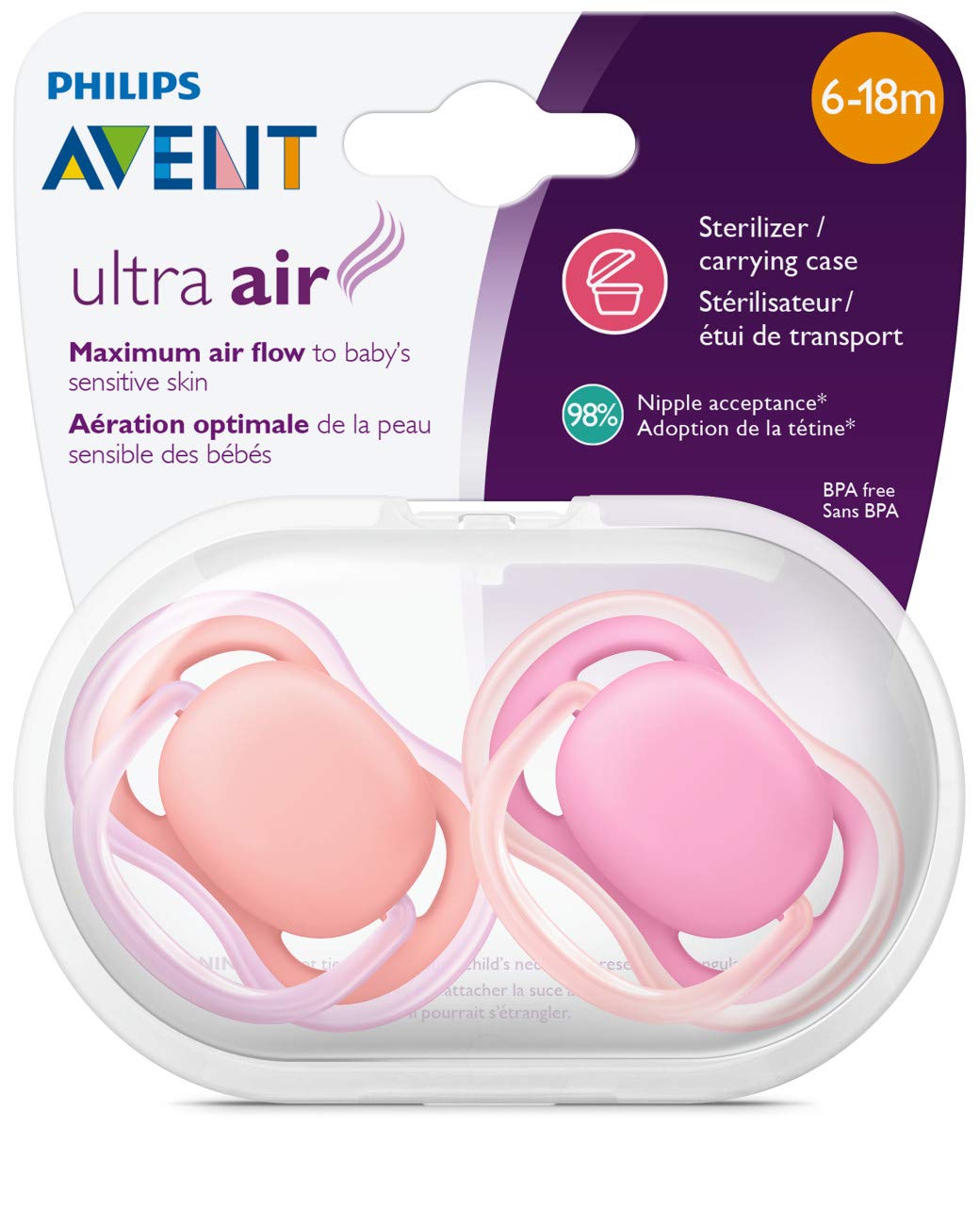 Philips Avent Ultra Air Pacifier, 6-18M, Pink/Peach - 2 Pack