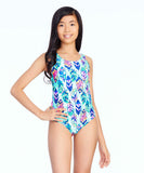 Breaking Waves Girls 7-16 One Piece Flounce Tropical Swimsuit