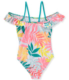 Breaking Waves Girls 7-16 One Piece Flounce Tropical Swimsuit
