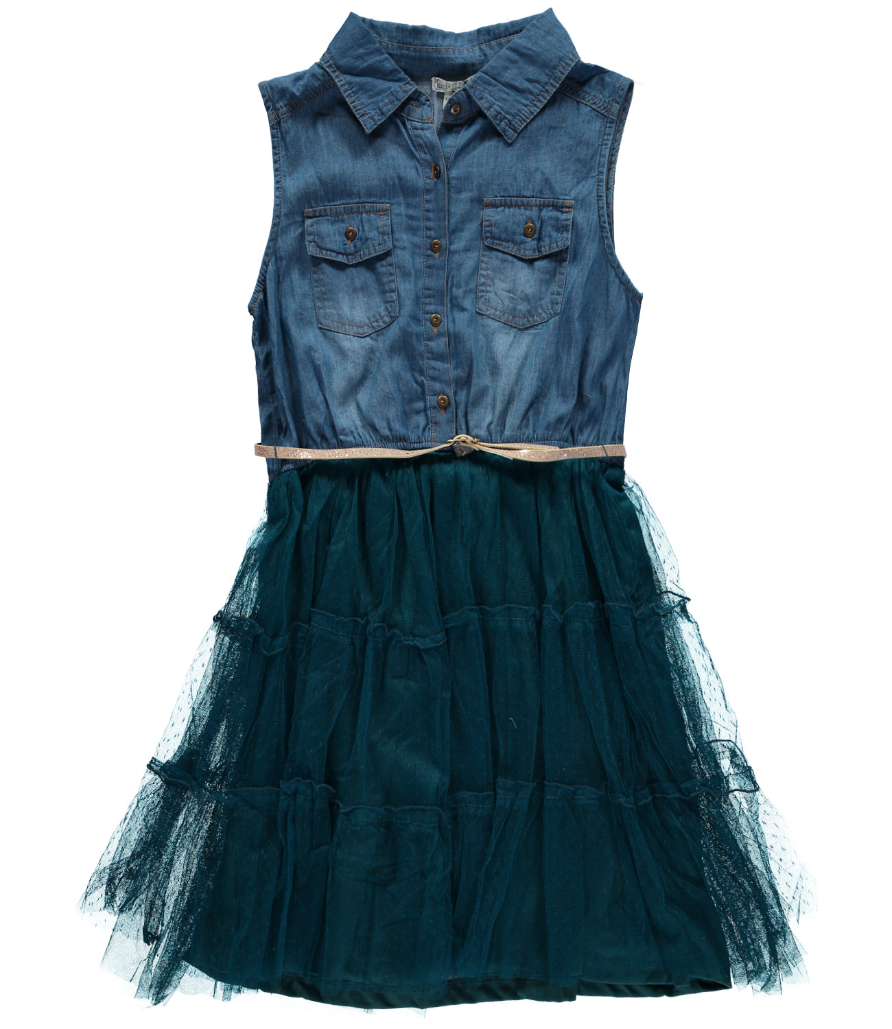 Beautees Girls 7-16 Sleeveless Denim Tulle Dress S&D Kids Beautees Girls 7-16 Sleeveless Denim Tulle Dress S&D Kids