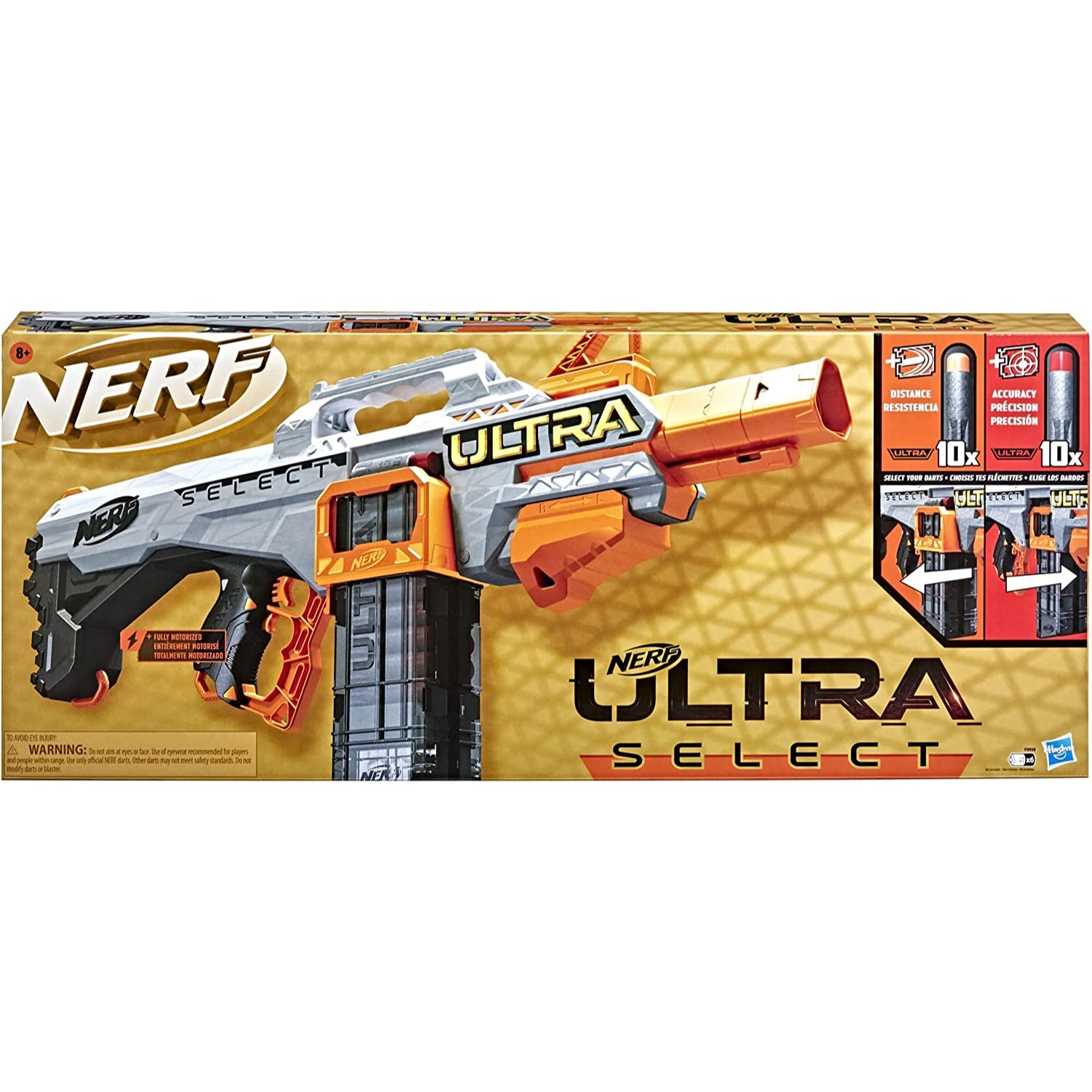 NERF Ultra Select Fully Motorized Blaster, Fire for Distance or Accuracy, Includes Clips and Darts