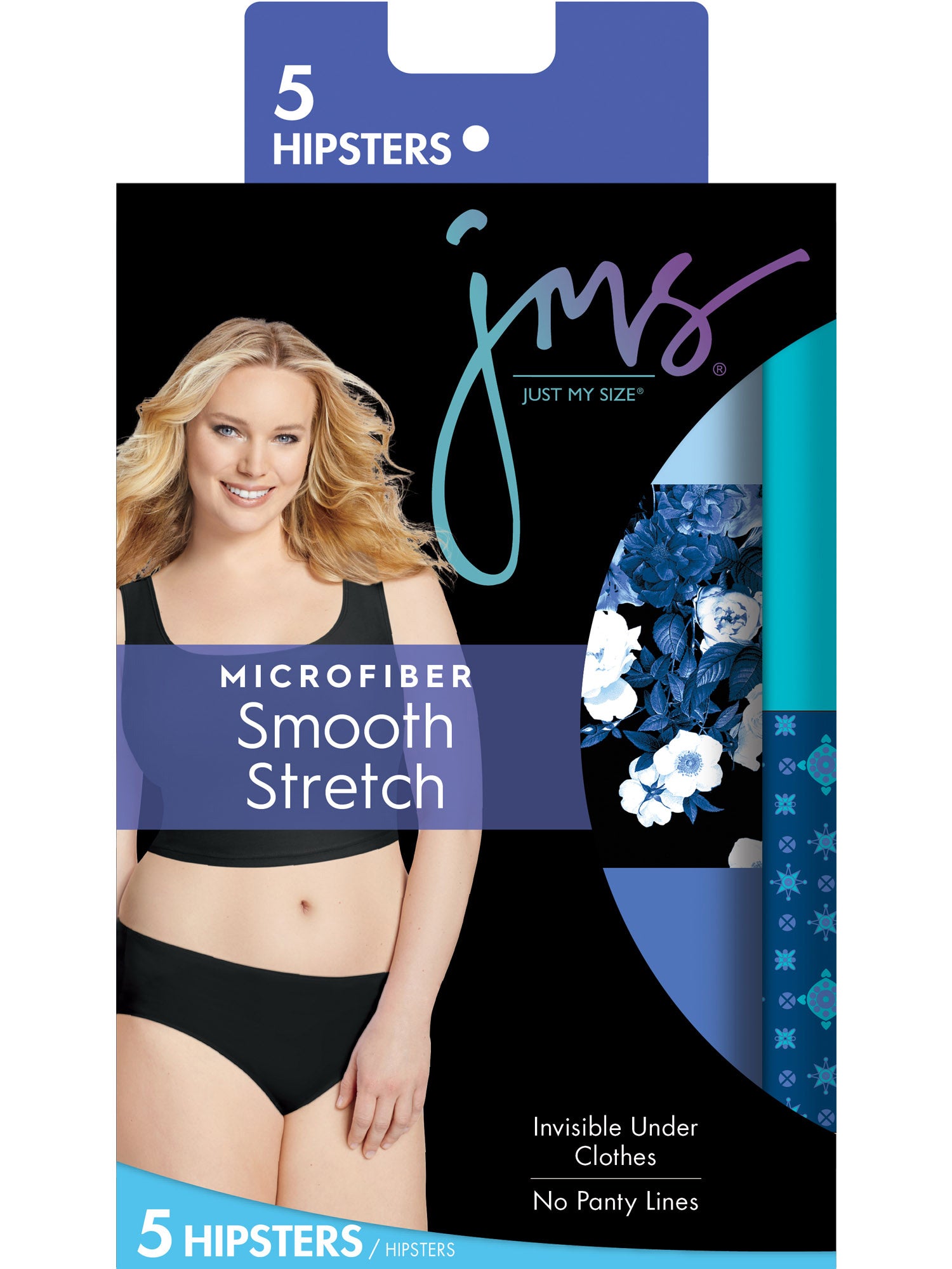 Just My Size Womens Smooth Stretch Microfiber Hipster Panty 5-Pack, Assorted