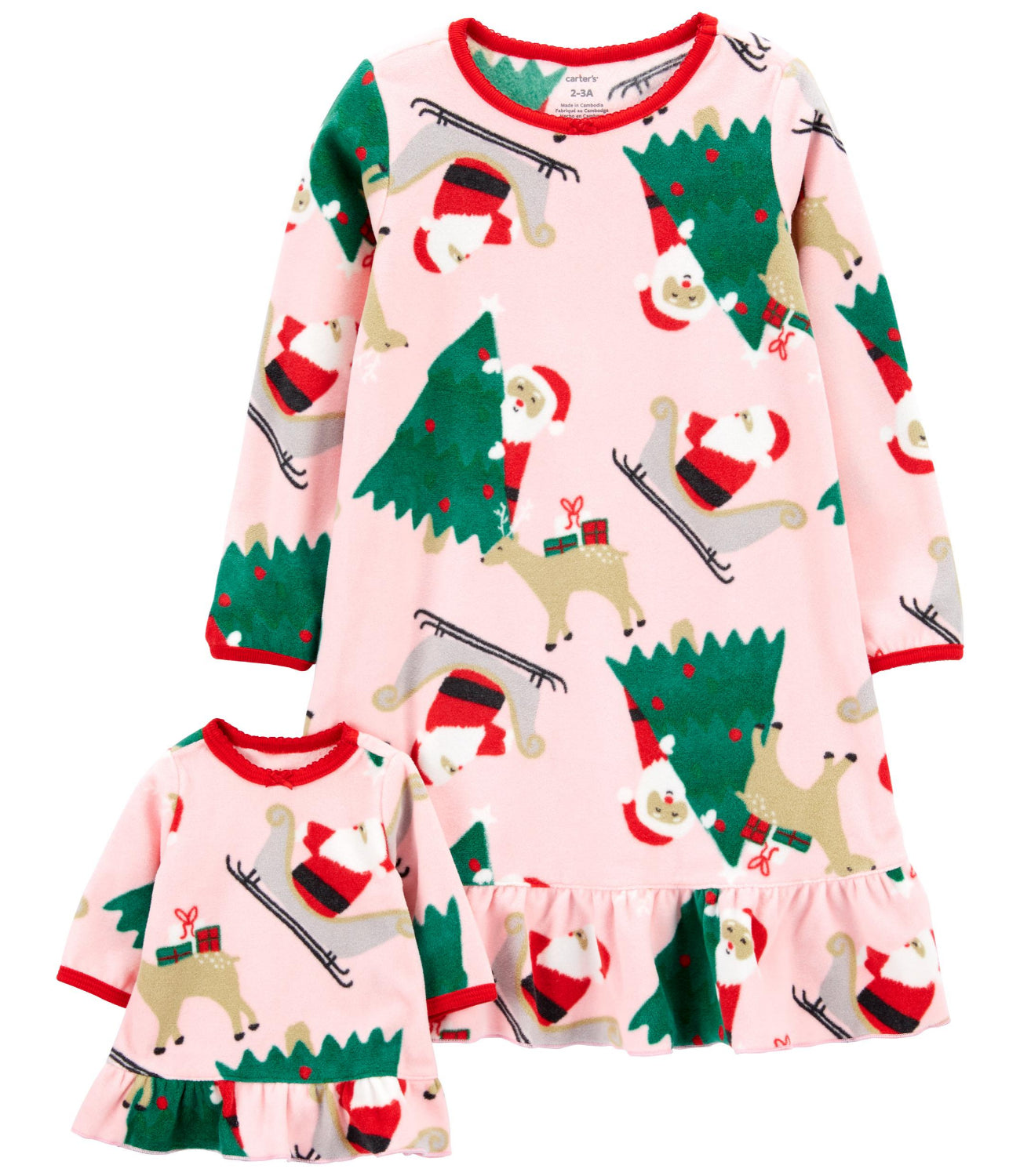 Carters Girls 2T-5T Christmas Matching Nightgown & Doll Nightgown Set