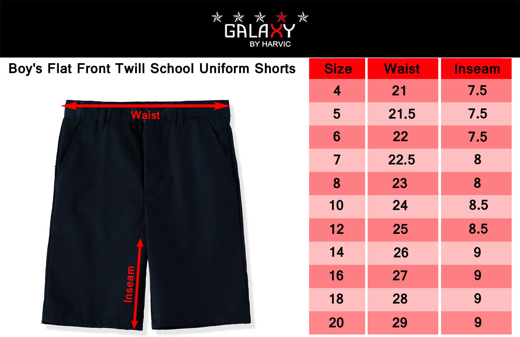 Galaxy Boys 4-7 Flat Front Twill School Uniform Short