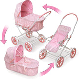 Badger Basket Pink Rosebud 3-in-1 Doll Pram, Carrier, and Stroller