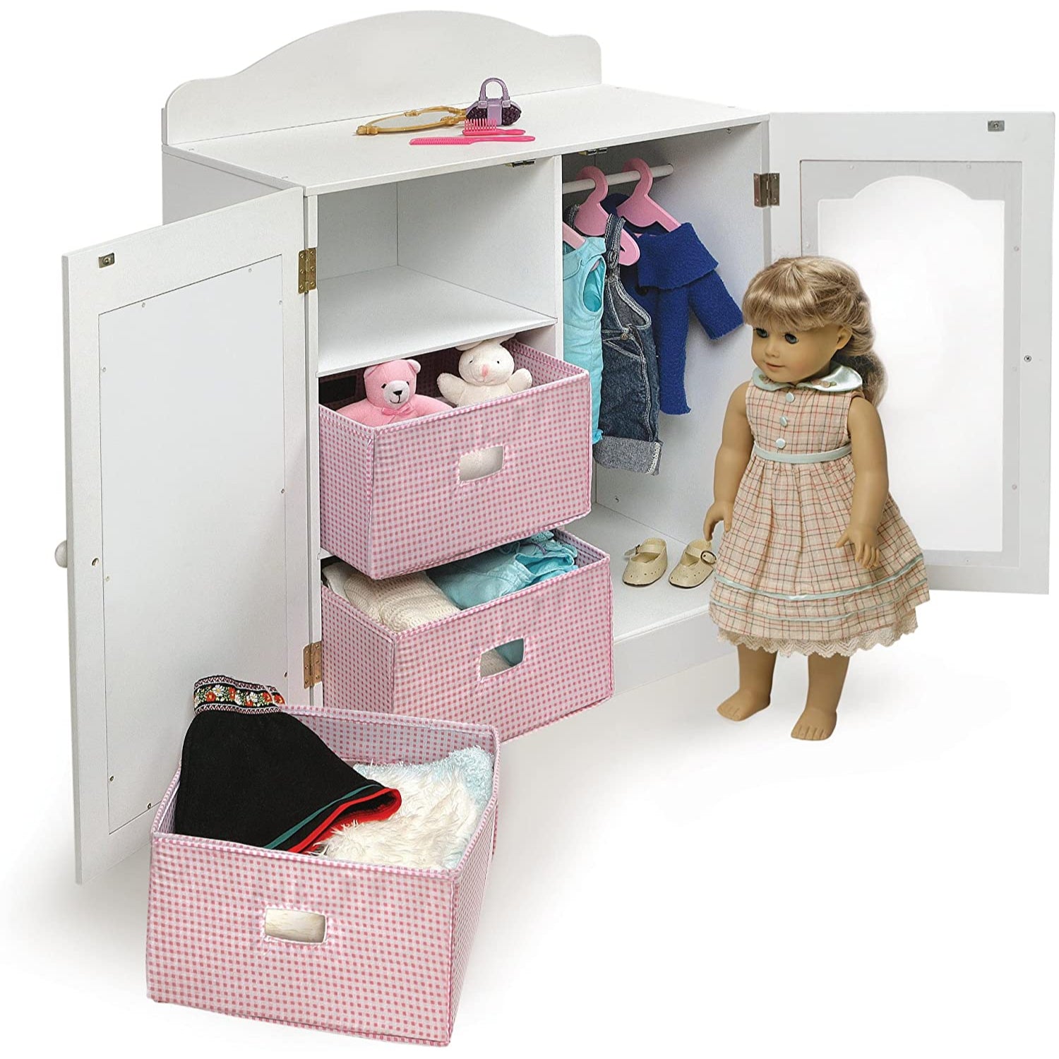 Badger Basket Mirrored Doll Armoire with 3 Baskets & 3 Hangers (fits American Girl Dolls), White