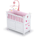 Badger Basket Cabinet Doll Crib with Gingham Bedding, Musical Mobile, Wheels, and Free Personalizati