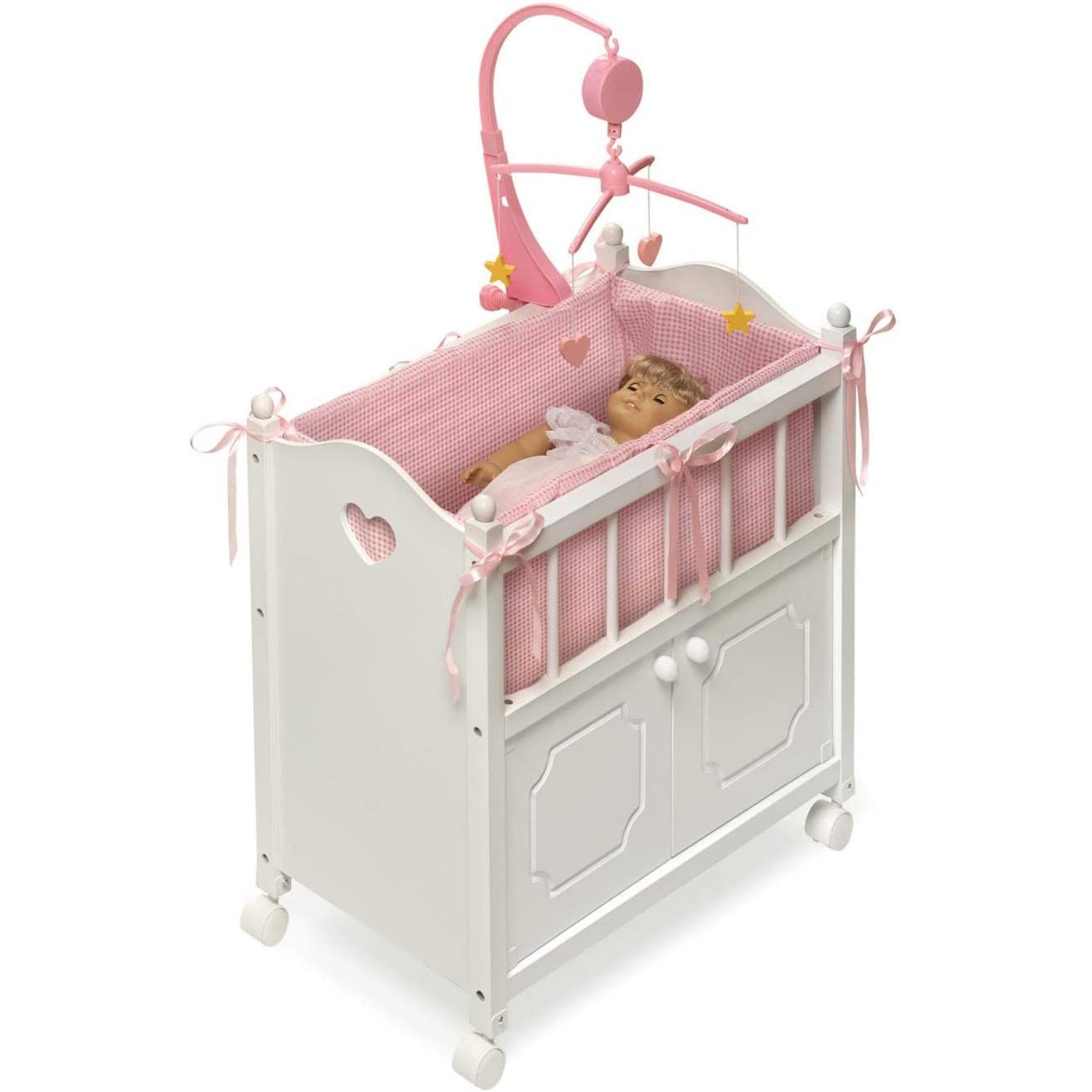 Badger Basket Cabinet Doll Crib with Gingham Bedding, Musical Mobile, Wheels, and Free Personalizati