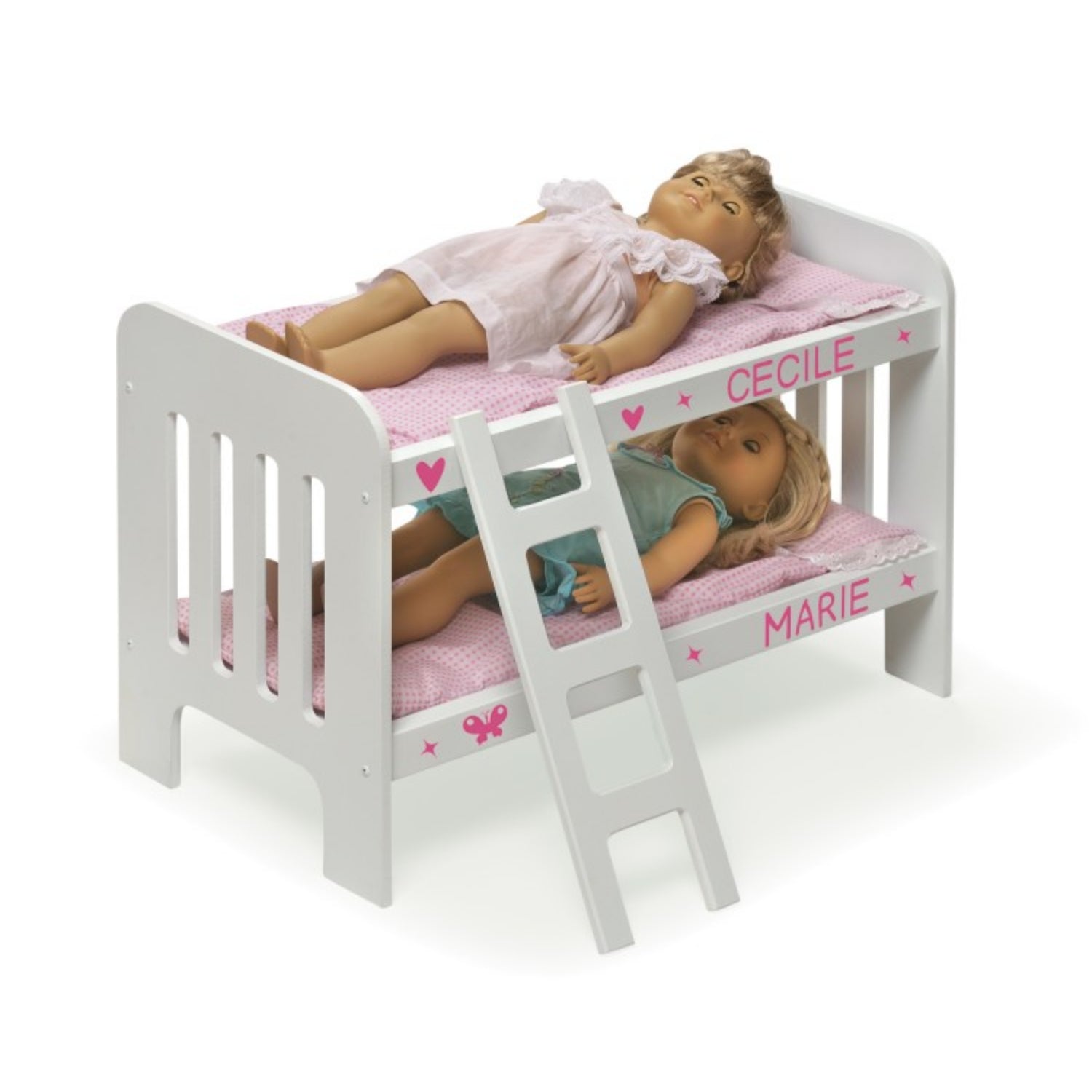 Badger Basket Doll Bunk Bed with Bedding, Ladder, and Free Personalization Kit – White/Pink/Gingham