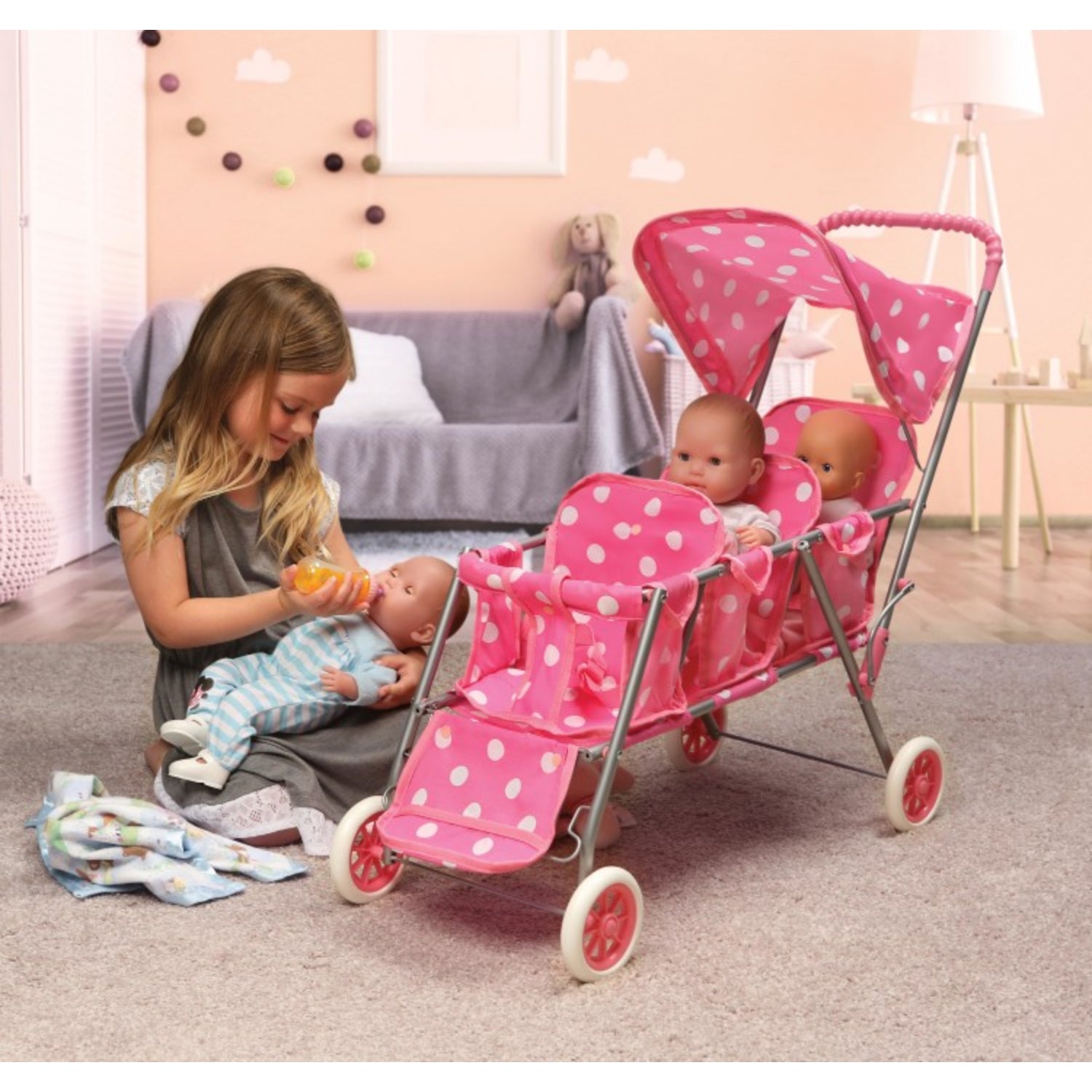 Badger Basket Folding Triple Doll Stroller – Pink/Polka Dots