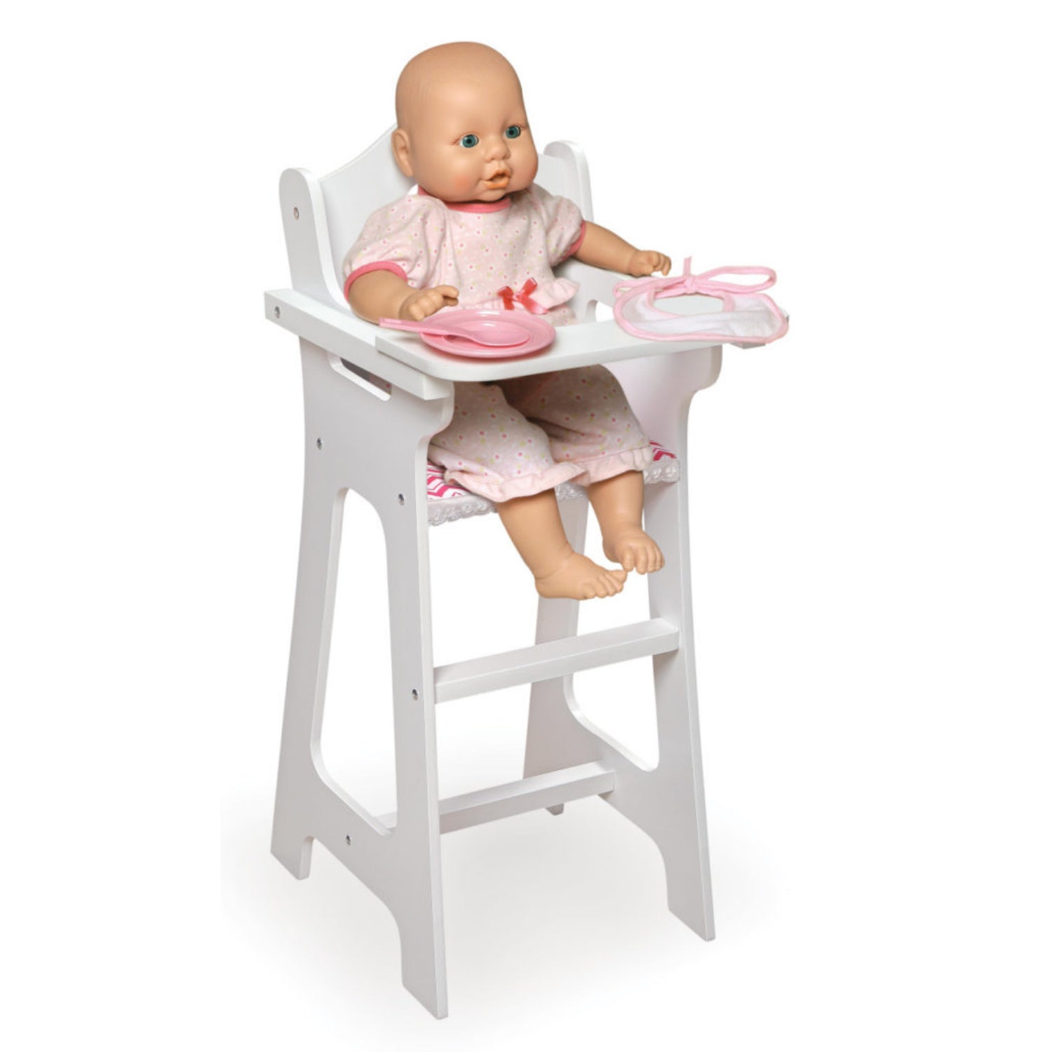 Badger Basket Doll High Chair with Accessories and Free Personalization Kit – White/Pink/Chevron