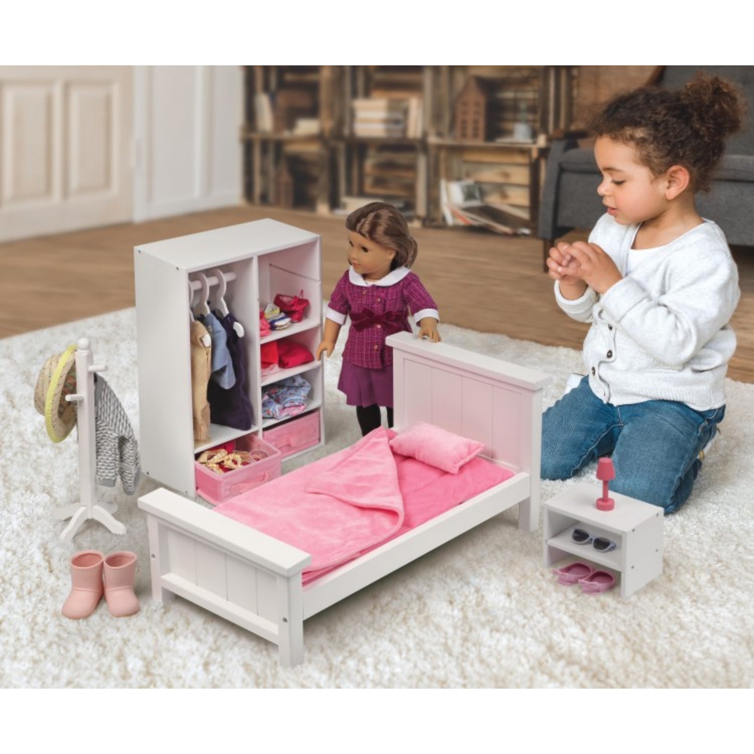 Badger Basket Bedroom Furniture Set for 18 inch Dolls – White/Pink